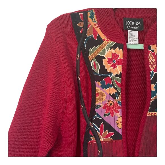 Koos of Course Cardigan Medium Silk Blend  Red Appliqued Mandarin Collar Artsy - Picture 2 of 14